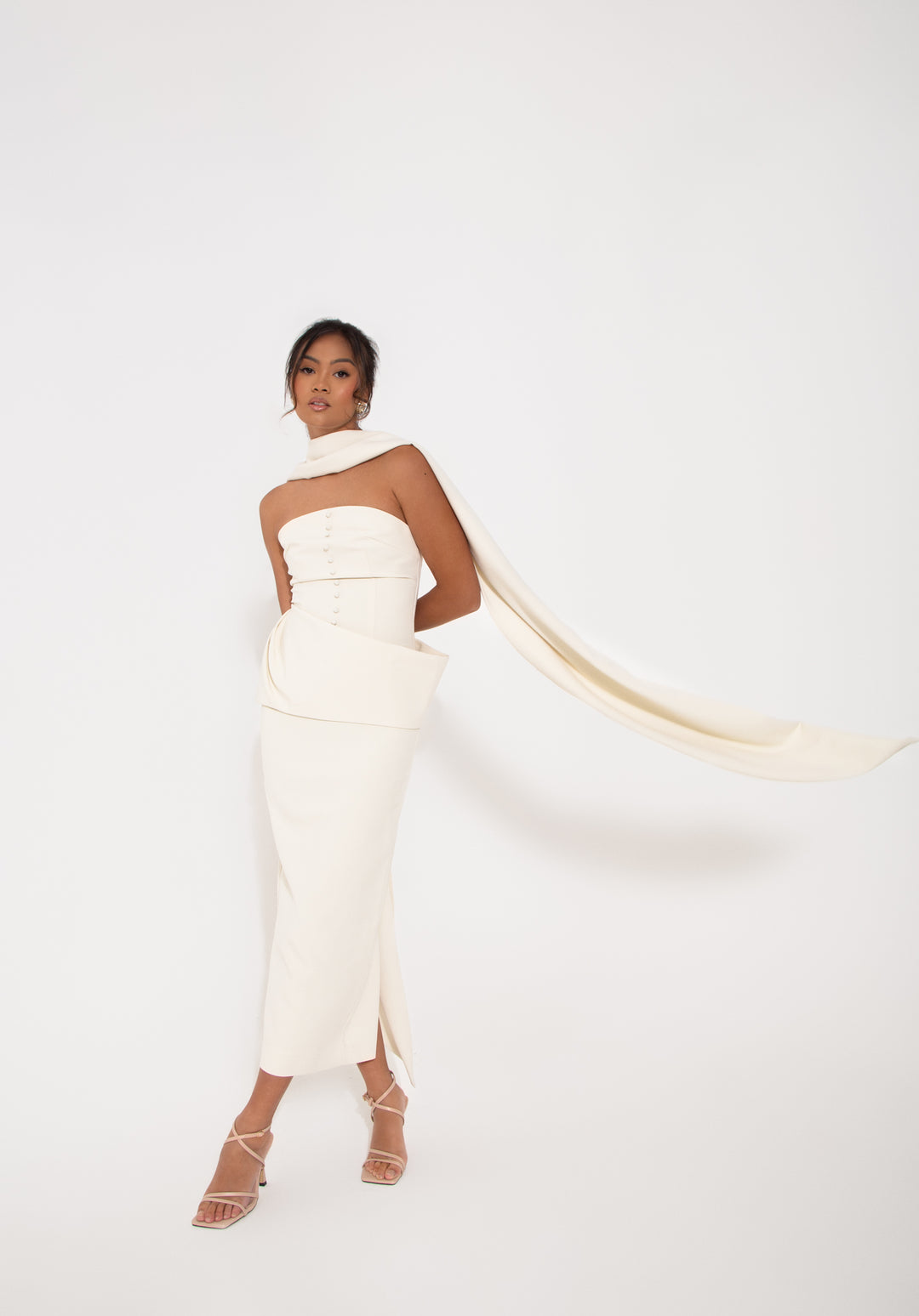 owen cream crepe bandeau dress Women's PLT Label Cream Mesh Drape Bandeau Maxi Dress